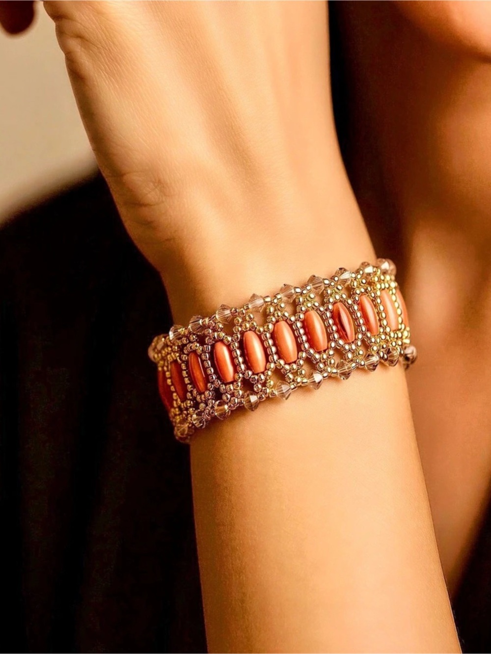 Handmade Beaded Chain Bracelet in Gold & coral